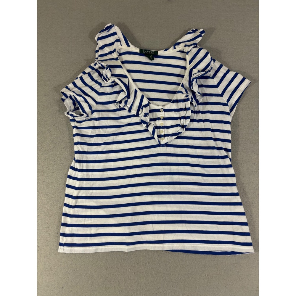 Lauren Ralph Lauren Blue White Striped Ruffle V-Neck Henley Cotton Top XL